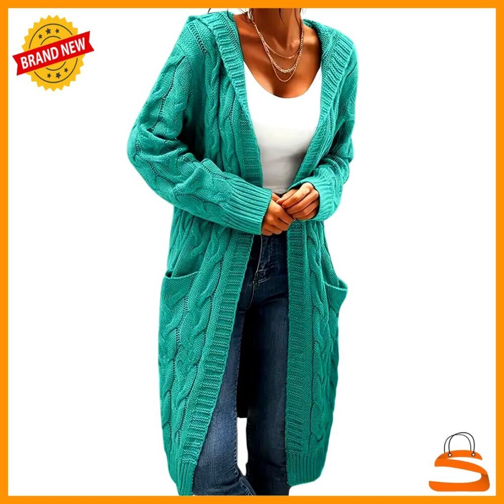 Long Cable Knit Cardigan Open Front Oversized Chic Sweater with Pockets - Picture 1 of 4